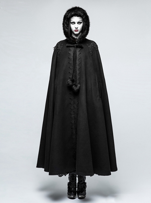 Palace Style Winter Black Gothic Womens Hooded Long Cloak
