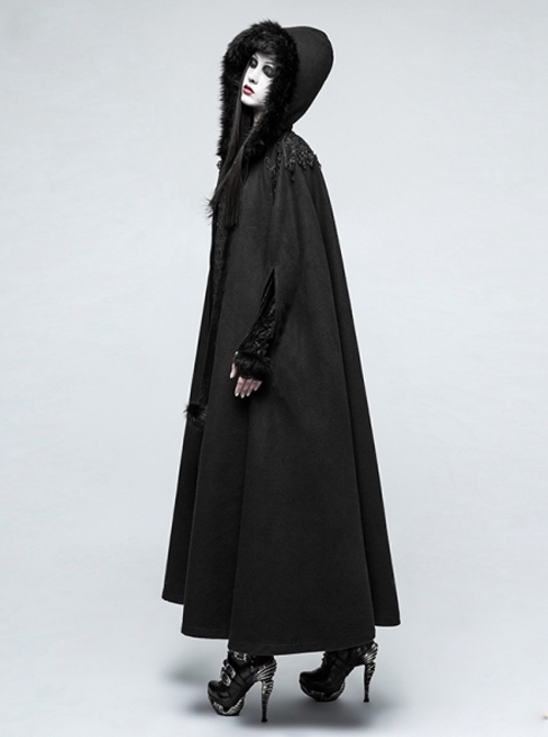 Palace Style Winter Black Gothic Womens Hooded Long Cloak - Magic Wardrobes