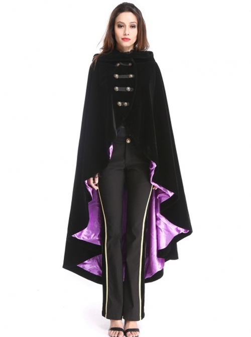Black and Purple Woolen Gothic Womens Long Hooded Cloak