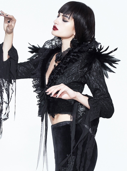 Gothic Black Lace Feather Decoration Slim Deep V-collar Irregular Cuff Jacket