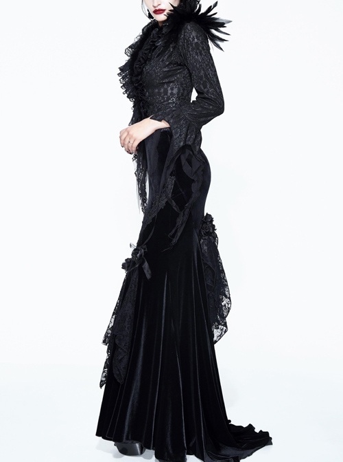 Gothic Black Lace Feather Decoration Slim Deep V-collar Irregular Cuff Jacket