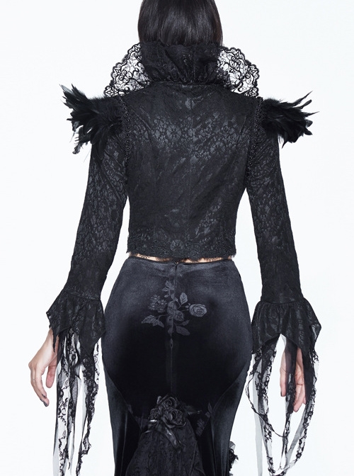 Gothic Black Lace Feather Decoration Slim Deep V-collar Irregular Cuff Jacket