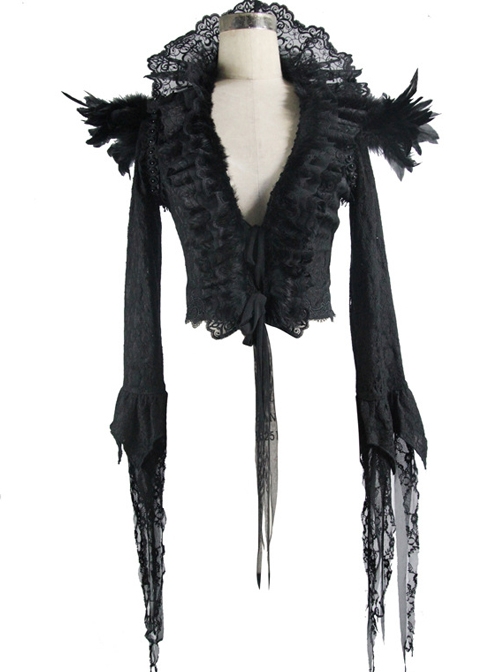 Gothic Black Lace Feather Decoration Slim Deep V-collar Irregular Cuff Jacket