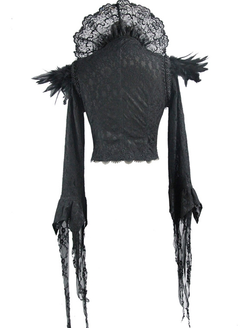 Gothic Black Lace Feather Decoration Slim Deep V-collar Irregular Cuff Jacket