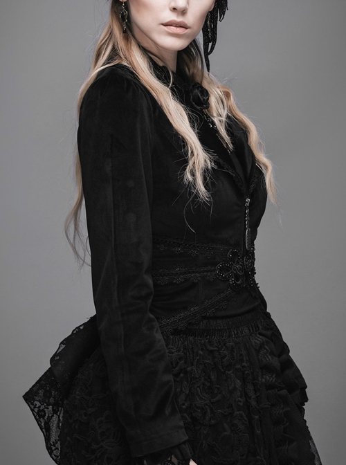 Gothic Black Lapel Slim Rose Decoration Lace Phoenix-tail Stitching Jacket