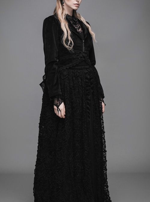 Gothic Black Lapel Slim Rose Decoration Lace Phoenix-tail Stitching Jacket