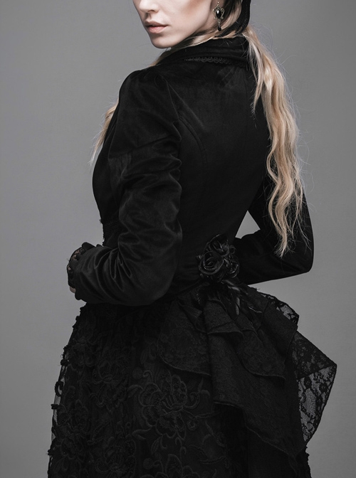 Gothic Black Lapel Slim Rose Decoration Lace Phoenix-tail Stitching Jacket