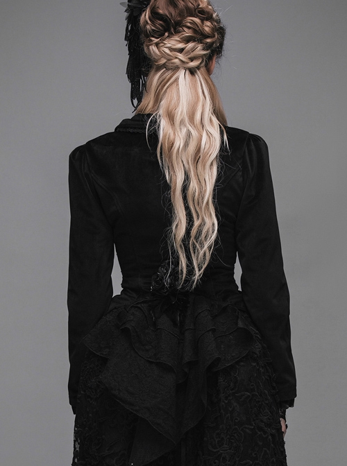 Gothic Black Lapel Slim Rose Decoration Lace Phoenix-tail Stitching Jacket