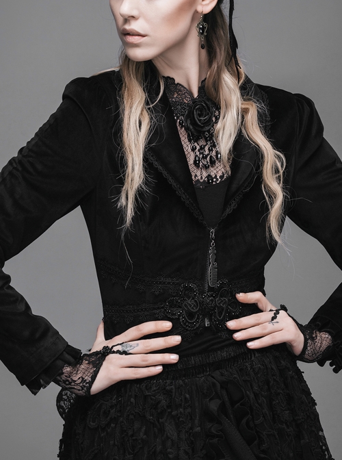 Gothic Black Lapel Slim Rose Decoration Lace Phoenix-tail Stitching Jacket