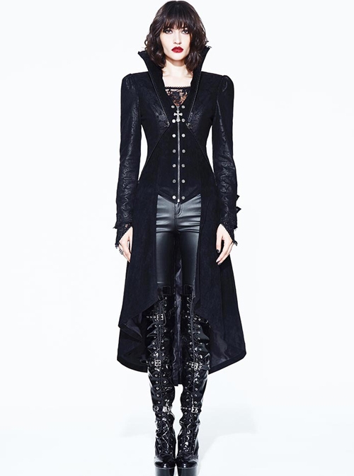 Halloween Gothic Black Handsome Stand Collar False Two Pieces Slim Long Hem Windbreaker