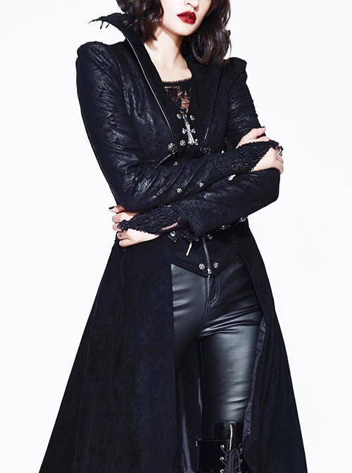 Halloween Gothic Black Handsome Stand Collar False Two Pieces Slim Long Hem Windbreaker