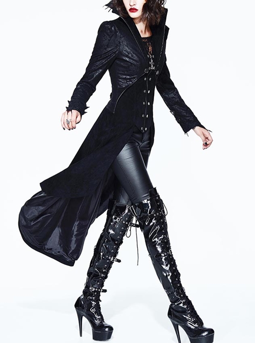 Halloween Gothic Black Handsome Stand Collar False Two Pieces Slim Long Hem Windbreaker