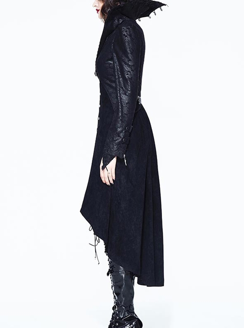 Halloween Gothic Black Handsome Stand Collar False Two Pieces Slim Long Hem Windbreaker