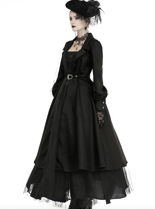 Black Lapel Open Front Gothic Long Cardigan Coat