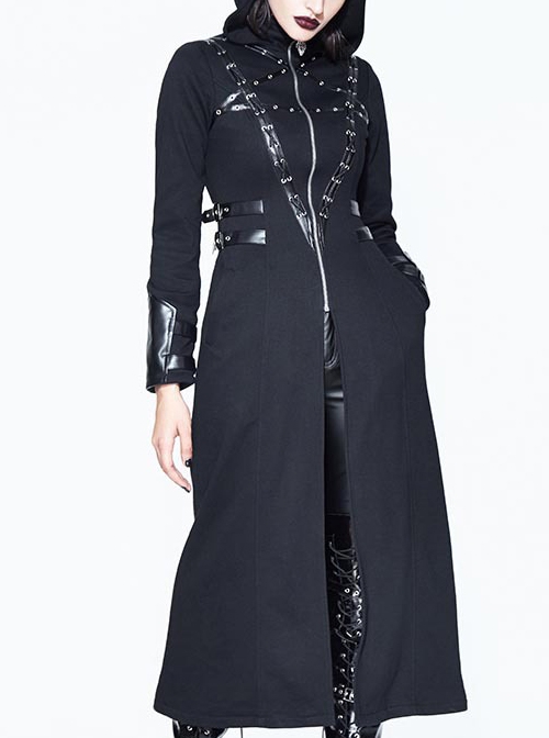 Halloween Gothic Black Metallic Skull Rivet Decorative Slim Hooded Long Windbreaker