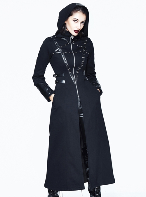 Halloween Gothic Black Metallic Skull Rivet Decorative Slim Hooded Long Windbreaker
