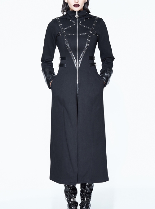 Halloween Gothic Black Metallic Skull Rivet Decorative Slim Hooded Long Windbreaker