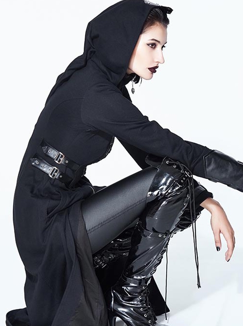 Halloween Gothic Black Metallic Skull Rivet Decorative Slim Hooded Long Windbreaker