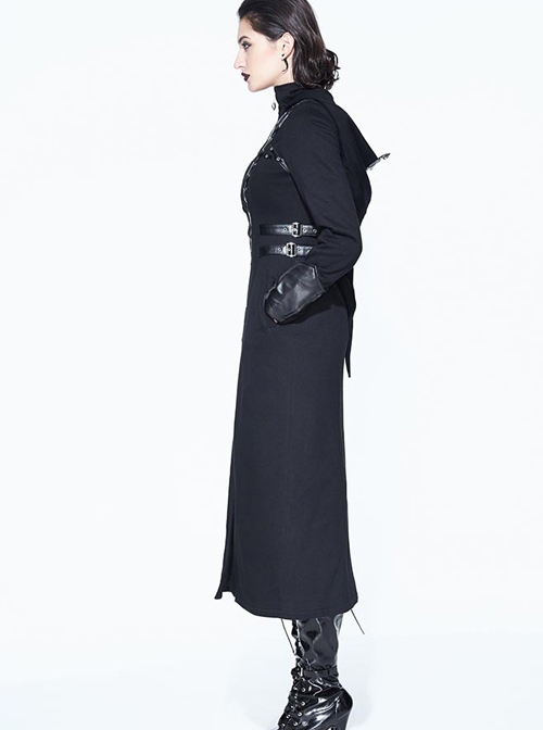 Halloween Gothic Black Metallic Skull Rivet Decorative Slim Hooded Long Windbreaker