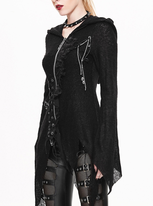 Gothic Black Thin Knit Sweater Slim Hooded Irregular Hem Jacket