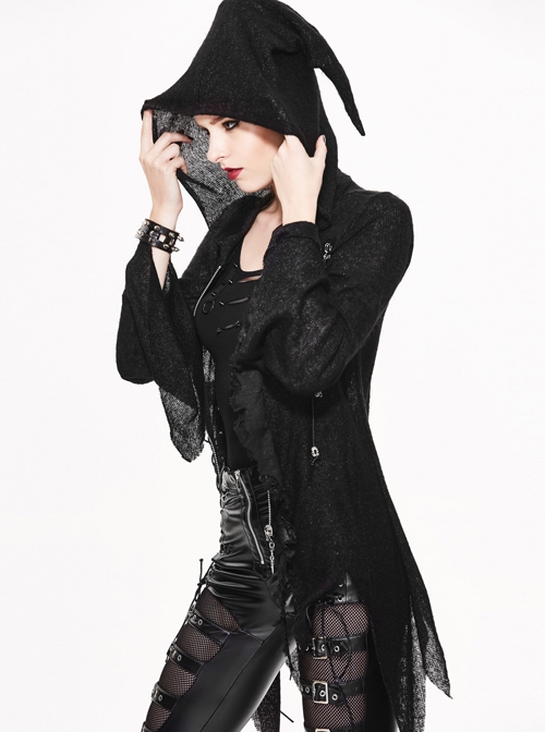 Gothic Black Thin Knit Sweater Slim Hooded Irregular Hem Jacket