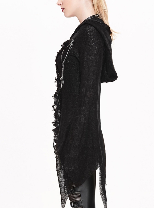 Gothic Black Thin Knit Sweater Slim Hooded Irregular Hem Jacket