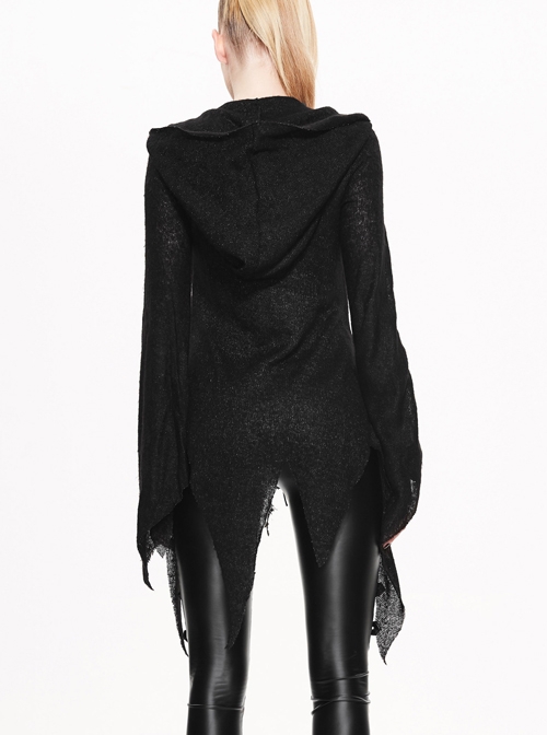 Gothic Black Thin Knit Sweater Slim Hooded Irregular Hem Jacket
