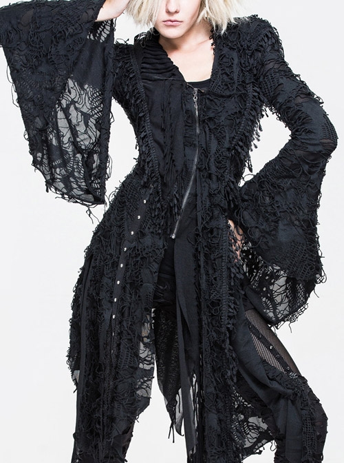 Gothic Black Tassel Long Irregular Hem Long Sleeve Hooded Thin Coat