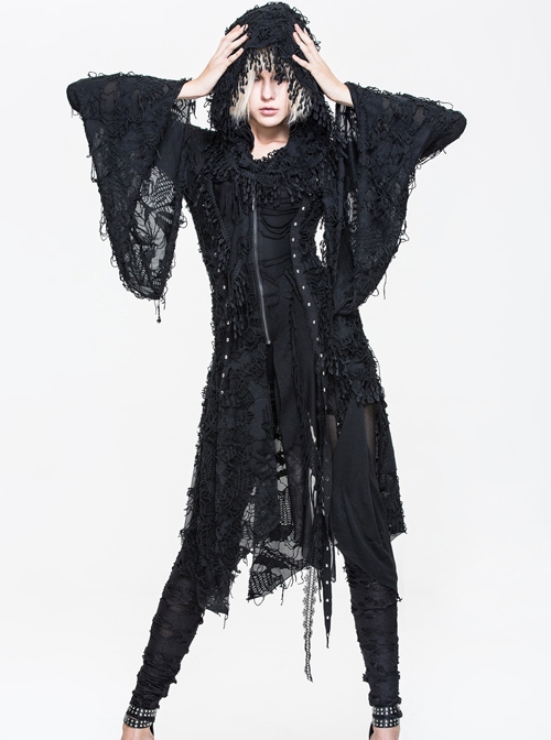 Gothic Black Tassel Long Irregular Hem Long Sleeve Hooded Thin Coat