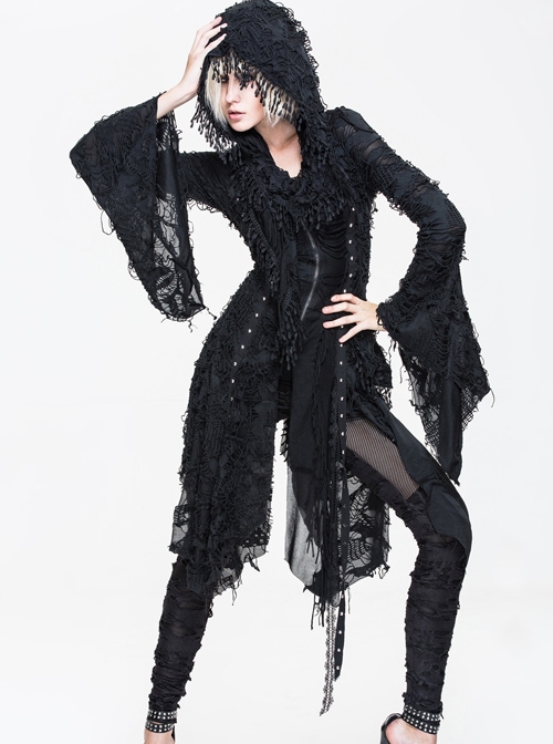 Gothic Black Tassel Long Irregular Hem Long Sleeve Hooded Thin Coat