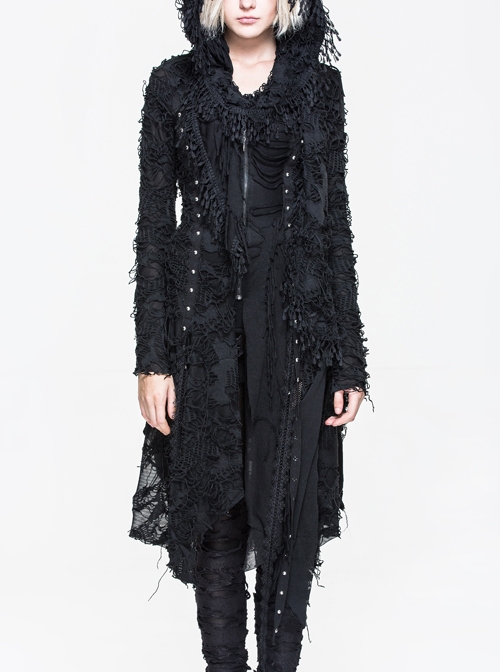 Gothic Black Tassel Long Irregular Hem Long Sleeve Hooded Thin Coat