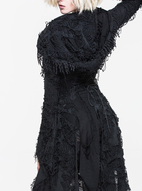 Gothic Black Tassel Long Irregular Hem Long Sleeve Hooded Thin Coat