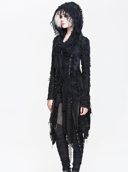 Gothic Black Tassel Long Irregular Hem Long Sleeve Hooded Thin Coat