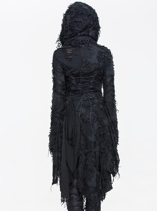 Gothic Black Tassel Long Irregular Hem Long Sleeve Hooded Thin Coat