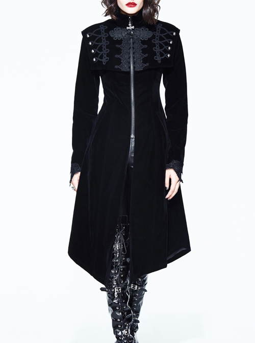 Gothic High Collar Black And Red Medium Length Autumn Winter Windbreaker