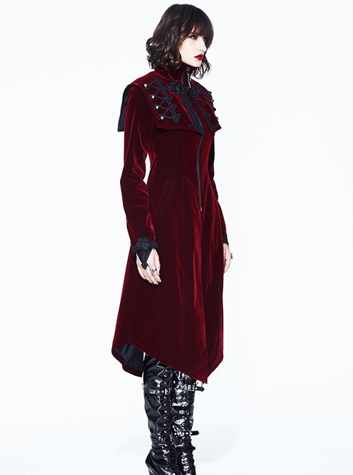 Gothic High Collar Black And Red Medium Length Autumn Winter Windbreaker