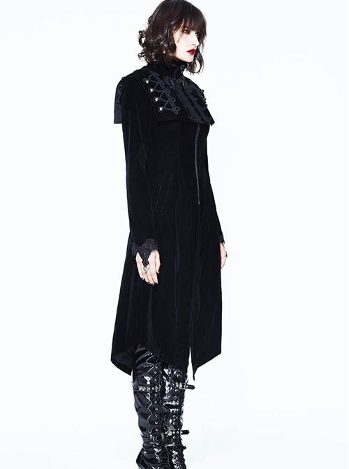 Gothic High Collar Black And Red Medium Length Autumn Winter Windbreaker
