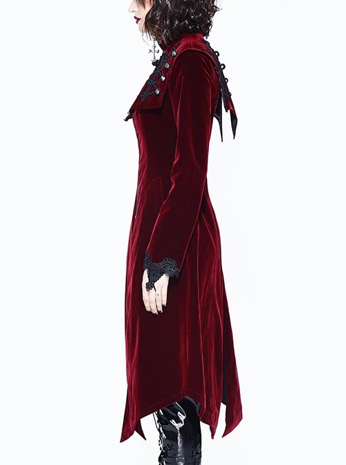 Gothic High Collar Black And Red Medium Length Autumn Winter Windbreaker
