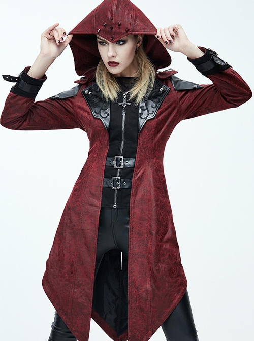 Gothic Red PU Leather Hooded Rivet False Two Pieces Windbreaker