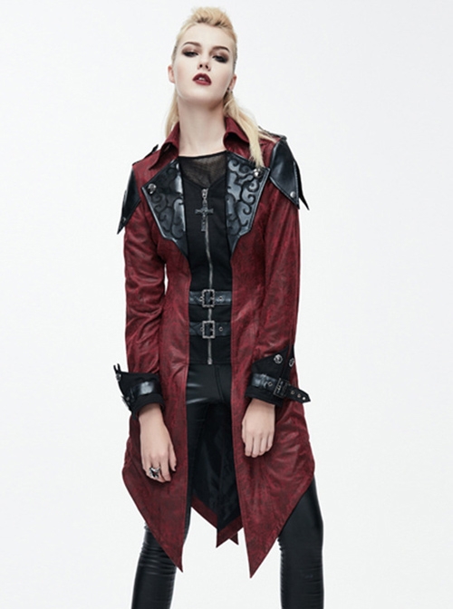 Gothic Red PU Leather Hooded Rivet False Two Pieces Windbreaker
