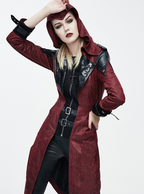 Gothic Red PU Leather Hooded Rivet False Two Pieces Windbreaker