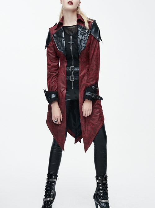 Gothic Red PU Leather Hooded Rivet False Two Pieces Windbreaker