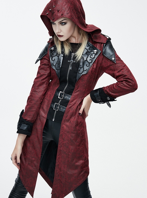 Gothic Red PU Leather Hooded Rivet False Two Pieces Windbreaker