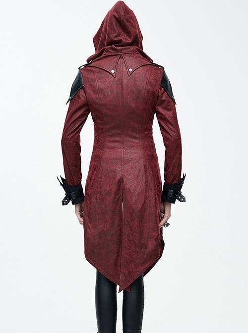 Gothic Red PU Leather Hooded Rivet False Two Pieces Windbreaker