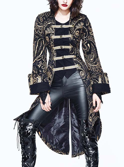 Gothic Punk Vision Golden Slim Long Style Standing Collar Coat