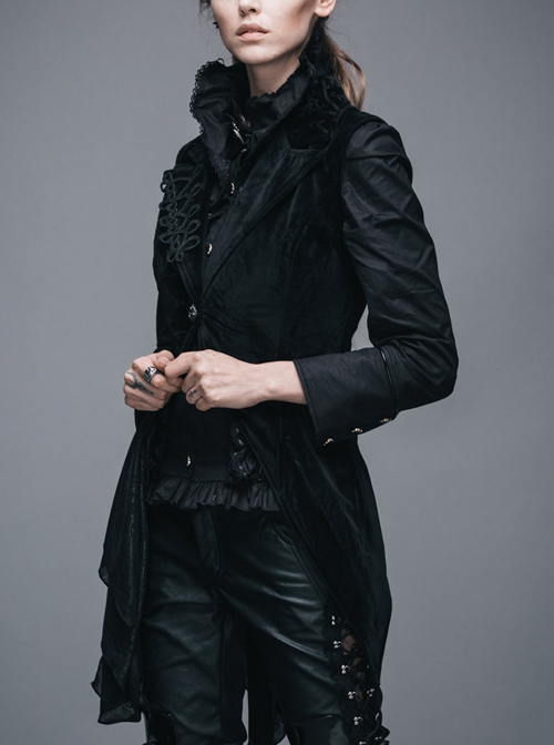 Goth Punk Black Stitching Medium Length Style Asymmetric Hem Vest