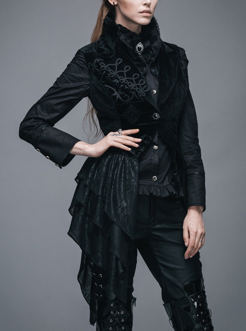 Goth Punk Black Stitching Medium Length Style Asymmetric Hem Vest