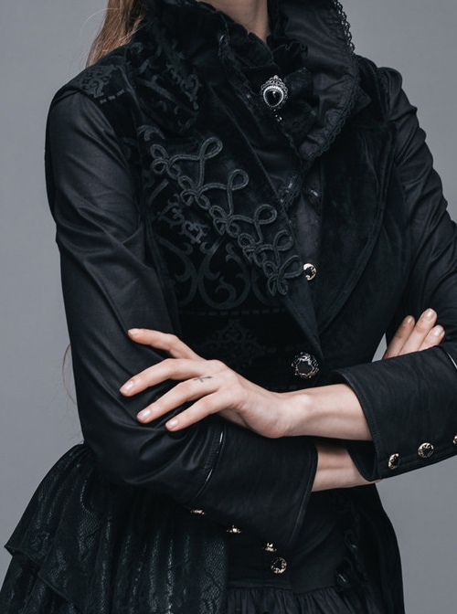 Goth Punk Black Stitching Medium Length Style Asymmetric Hem Vest
