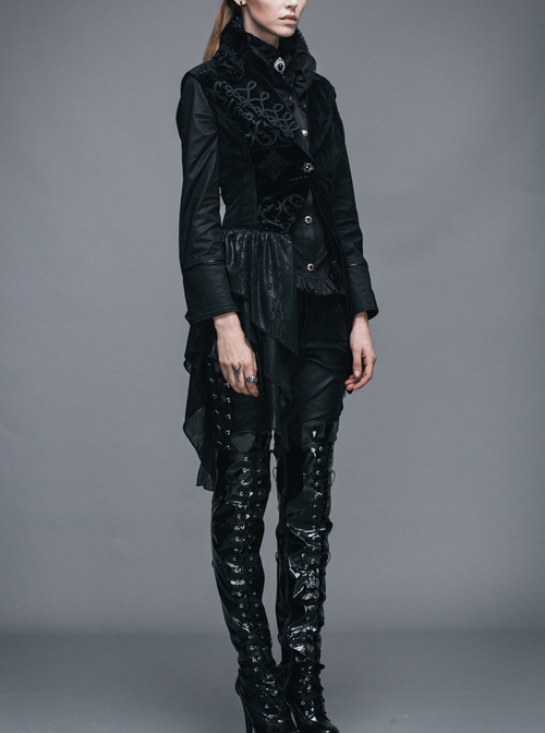 Goth Punk Black Stitching Medium Length Style Asymmetric Hem Vest