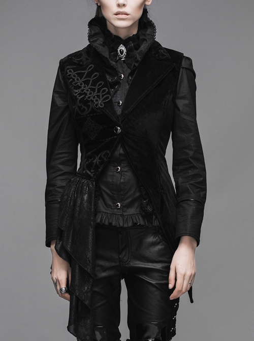 Goth Punk Black Stitching Medium Length Style Asymmetric Hem Vest
